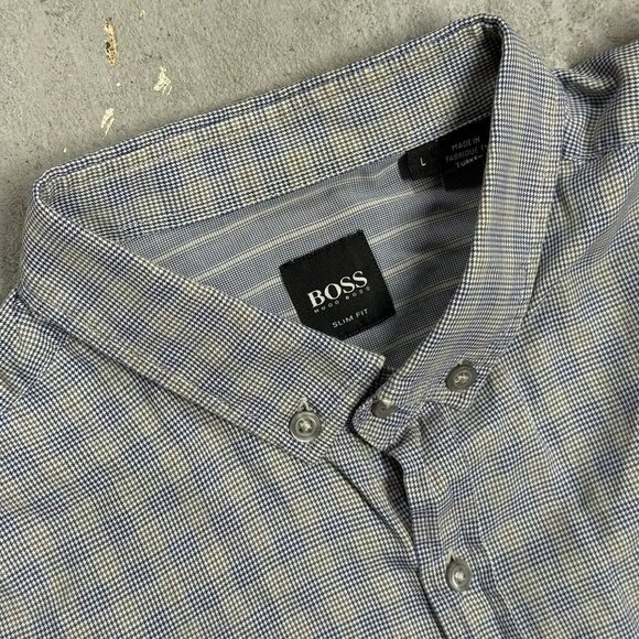 Hugo Boss Slim Fit Peric Long Sleeve Button Down Shirt Check Blue Cotton Large - Picture 7 of 10